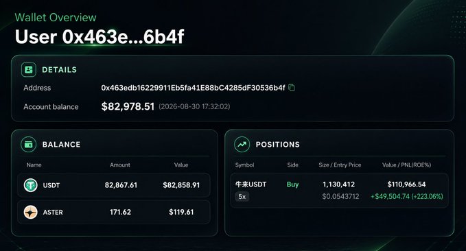 A crypto wallet overview for User 0x463e...6b4f showing an account balance of $82,978.51, with holdings in USDT and ASTER, plus an open long position on BTC/USDT with 5x leverage showing +223.06% ROE.