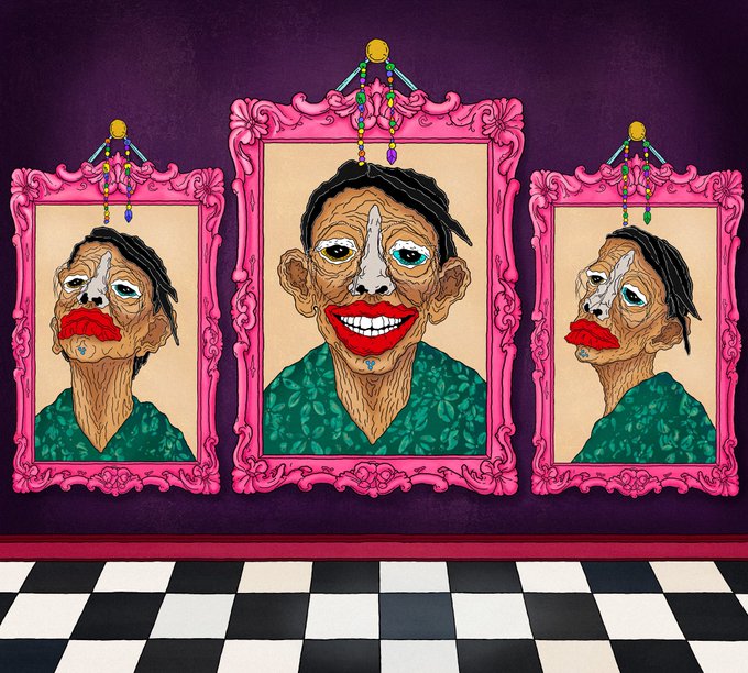 A triptych of pink-framed portraits showing a figure with a wide red-lipped smile and dark hair, set against a deep purple background above a checkered floor.