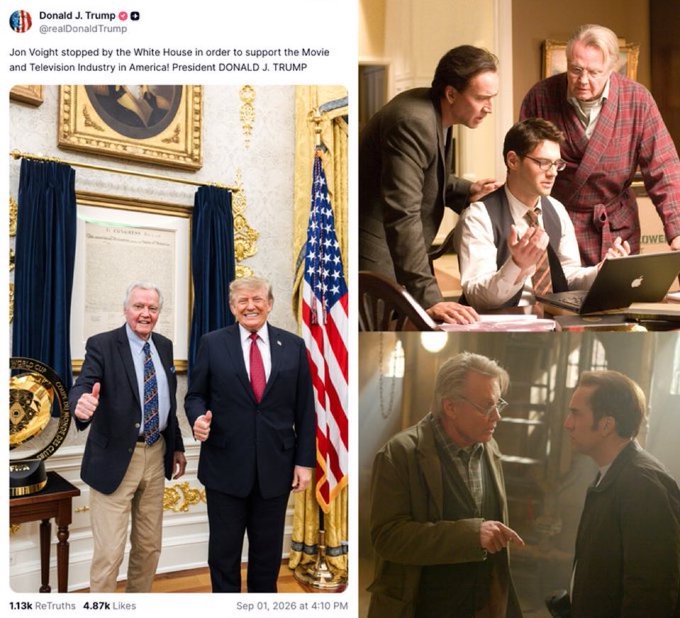 A tweet from Donald J. Trump (@realDonaldTrump) dated Sep 01, 2026, announces 'Jon Voight stopped by the White House,' accompanied by photos of Voight with Trump and stills from what appears to be a film set.