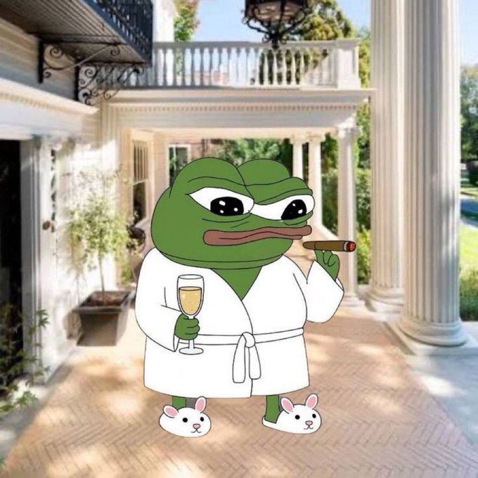 A cartoon frog wearing a white bathrobe, bunny slippers, and holding a champagne glass and cigar, standing on the porch of a luxurious mansion.