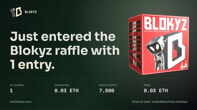Blokyz raffle confirmation screen showing 1 entry, 0.03 ETH committed, 7,500 raffle supply, with a 3D Blokyz box image and mint.blokyz.com URL.