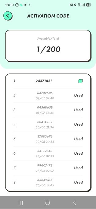 A mobile app screenshot titled 'ACTIVATION CODE' showing 'Available/Total 1/200' with a list of used numerical codes and timestamps.