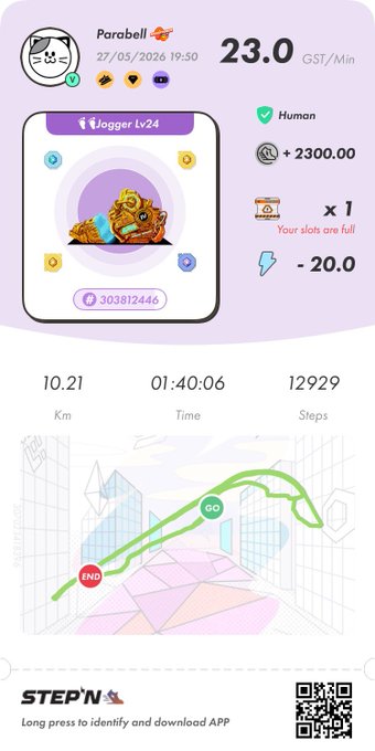 The image shows a purple screen with a map of a city, including buildings and roads. The text on the screen reads "StepN 今日のウォーキング。終日雨、Bは繰り越し中。距離はビミョー続き、ダレております". The image is related to the post because it features a map of a city, which could be used as part of an app or website that provides information about locations and distances.