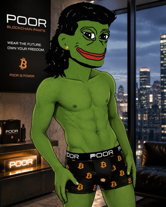 An AI-generated image of a green-skinned Pepe character wearing Bitcoin-branded boxer shorts, standing in front of a city skyline with an advertisement reading 'POOR BLOCKCHAIN PANTS - WEAR THE FUTURE, OWN YOUR FREEDOM. POOR IS POWER.'