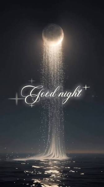 A vertical 'Good night' greeting card with elegant cursive text overlaid on a magical illustration of sparkling light cascading from a moon onto a dark sea.