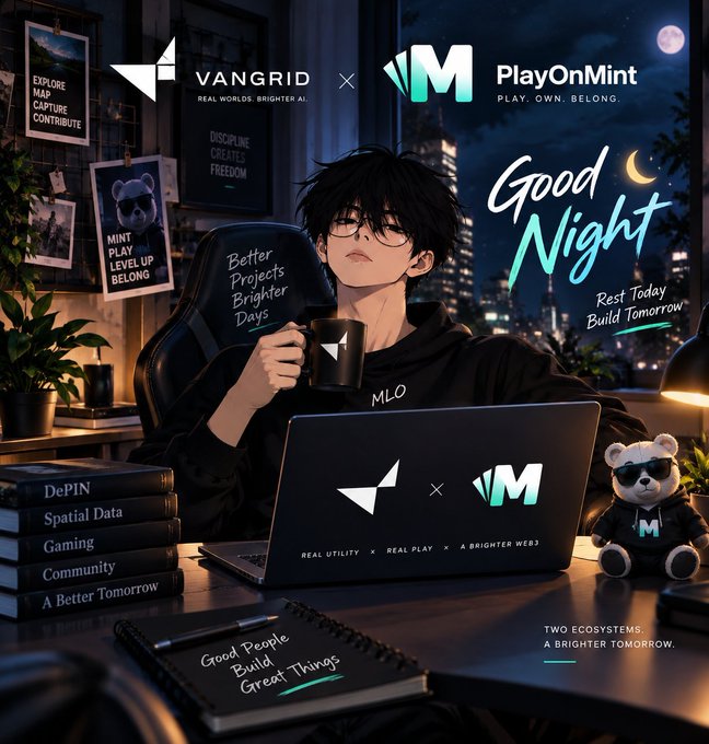 An anime-style promotional graphic for Vangrid × PlayOnMint featuring a bespectacled character in a hoodie holding a mug in front of a laptop, with the tagline 'Good Night, Rest Today Build Tomorrow' and categories like DePIN, Spatial Data, Gaming, and Community.