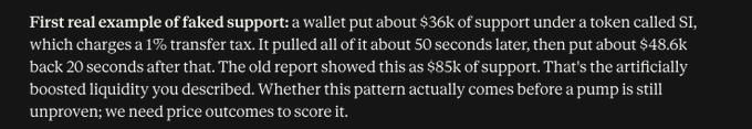 A dark-themed screenshot displaying text about a "faked support" example involving a wallet that temporarily provided ~$36k, then $48.6k in liquidity to a token called "$1" (with a 1% transfer tax) within seconds, which an old report inflated to $85k of support. The caption relates to the post by illustrating the kind of wash trading / artificially boosted liquidity pattern the author's meme screener is designed to detect during its data collection phase.