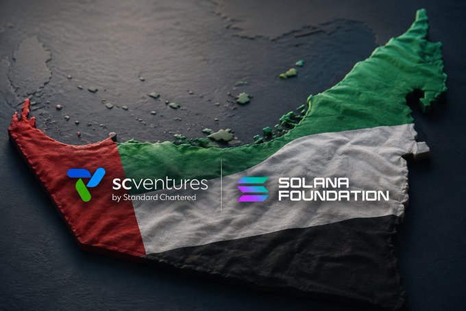 A 3D-rendered map of the UAE overlaid with its flag colors displays the logos of 'SC ventures by Standard Chartered' and 'Solana Foundation'.