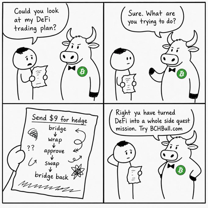 A four-panel comic featuring a man with a Bitcoin-branded bull asking to review his DeFi trading plan, which includes steps to bridge, wrap, approve, swap, and bridge back for a $9 hedge.