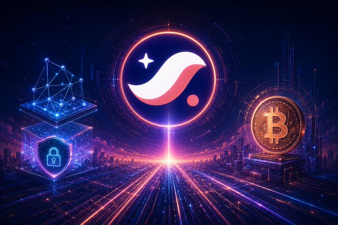 A futuristic cityscape showcases the Starknet logo at its center, flanked by a network of security shields on the left and a golden Bitcoin coin on the right, visually symbolizing the integration of post-quantum security with cryptocurrency. The illuminated highway leading toward the Starknet emblem reinforces the post's message about building long-term infrastructure for a quantum-safe era rather than chasing trends.