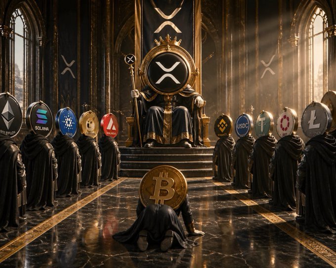An artistic illustration depicting a king on a throne with the XRP logo, surrounded by hooded figures bearing the logos of various cryptocurrencies including Ethereum, Solana, Cardano, USDC, Tether, Bitcoin, and Litecoin.