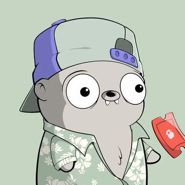 A cartoon illustration of a dog-like character wearing a backwards baseball cap and a floral Hawaiian shirt, holding a red ticket or card.