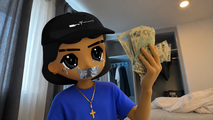 An animated cartoon avatar with a black cap, blue shirt, gold cross necklace, and duct-taped mouth holding a fan of Korean won banknotes.