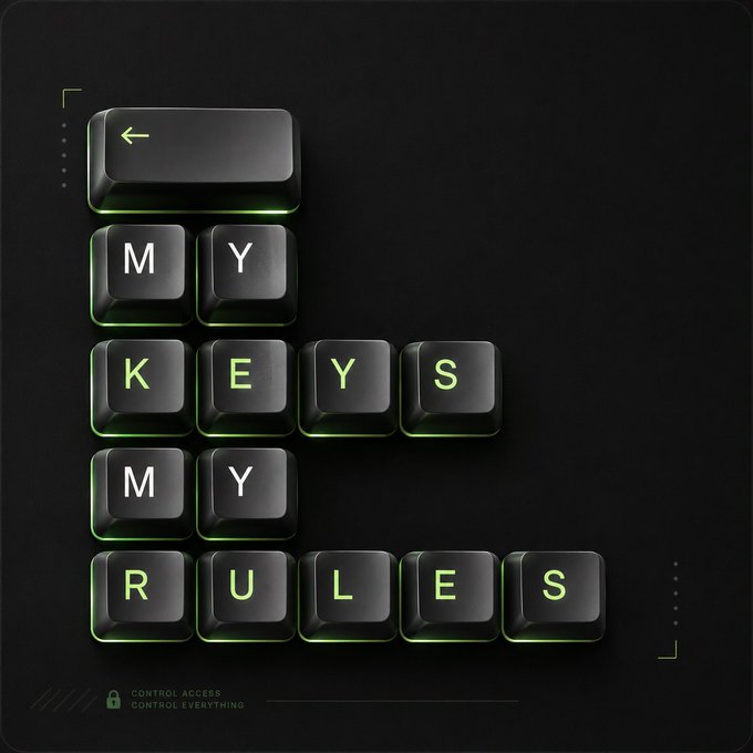 A dark-themed digital graphic displays keyboard-style keys with green backlighting spelling out 'MY KEYS MY RULES' with a backspace key, accompanied by the text 'CONTROL ACCESS CONTROL EVERYTHING' at the bottom.