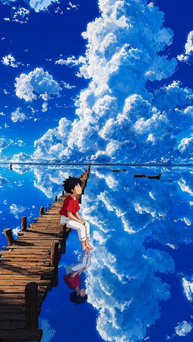 Anime-style artwork of a boy in a red shirt sitting on a wooden dock that reflects into mirror-like blue water under a dramatic cloudy sky, reminiscent of Makoto Shinkai's style.