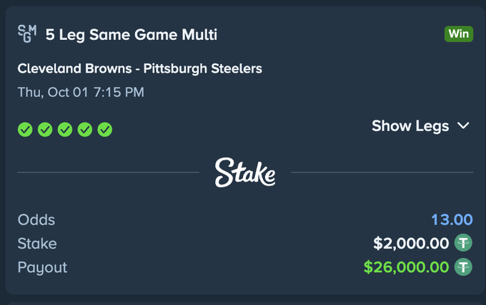 A sports betting slip from Stake shows a winning 5-leg parlay on the Cleveland Browns vs. Pittsburgh Steelers game, with odds of 13.00, a stake of $2,000.00, and a payout of $26,000.00.