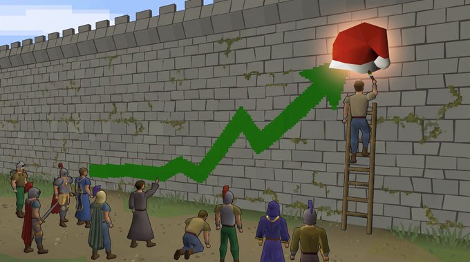 An illustration showing medieval figures watching a man on a ladder place a red gem above a stone wall, with a green upward arrow indicating rising value.