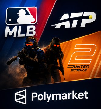 This promotional image for Polymarket features the MLB and ATP logos above the "2 COUNTER STRIKE" title and two characters from the game, suggesting a trading market involving these sports and video game events.