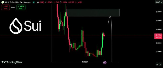 TradingView chart of SUI/TetherUS (SUIUSDT) on Binance showing a weekly candle at 1.1906 USDT with a -1.46% change, featuring a target line drawn above the current price action.