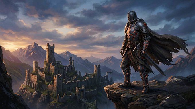 A fantasy digital painting of an armored knight with a tattered dark cape standing on a rocky cliff, looking out over a medieval castle complex nestled in a mountainous landscape at sunset.