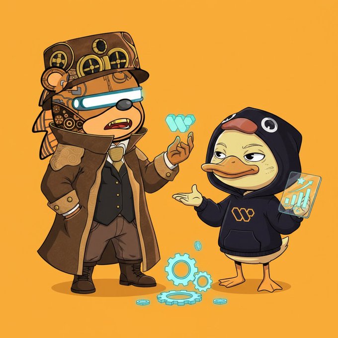 The image features a cartoon duck wearing a hoodie, standing next to a cartoon bear dressed in a top hat and coat. The bear appears to be giving advice or instructions to the duck about their project. They are surrounded by various gears scattered around them on an orange background.
