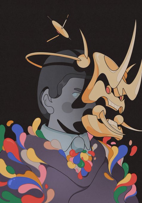 A stylized illustration shows a person in profile with an elaborate golden mask or creature-like headpiece, set against a black background with colorful abstract shapes around the shoulders.
