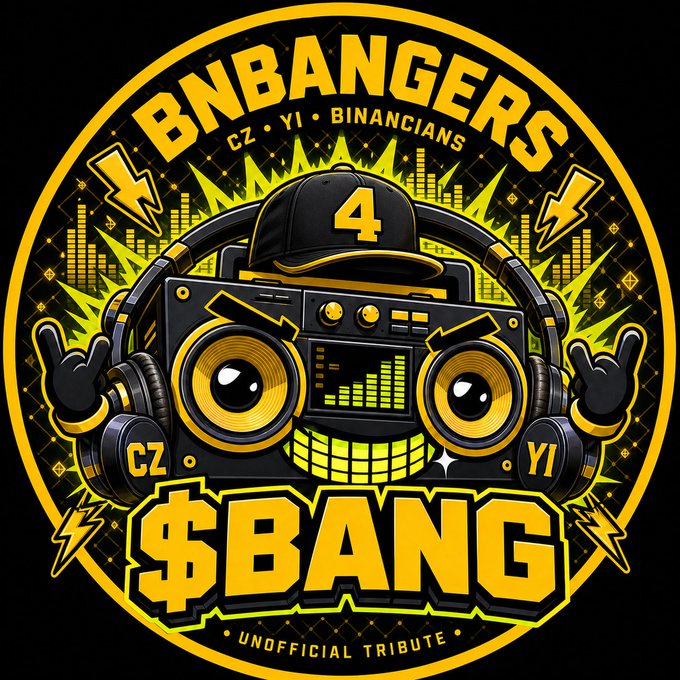 This image is a logo for "BNBANGERS," featuring a cartoon boombox with headphones and the text "$BANG" and "UNOFFICIAL TRIBUTE." The logo directly relates to the post's announcement of creating a music album titled "<BNBANGERS 100>" to pay tribute to CZ, He Yi, and the BNB community.