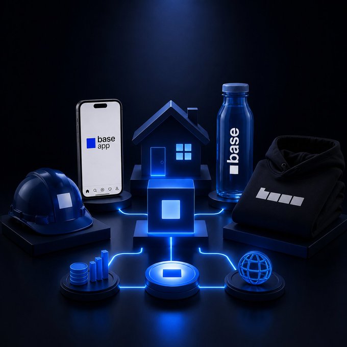 A dark, stylized promotional image featuring the "base" brand displayed across a smartphone showing the "base app," a water bottle, and a hoodie, arranged around glowing blue icons of a house, data charts, and a network—all interconnected by neon lines to represent the growing Base ecosystem. The accompanying post emphasizes that onchain life across building, trading, paying, and creating is rapidly coming together on Base, with this image visually symbolizing the diverse and integrated "onchain lifestyle" the post describes.