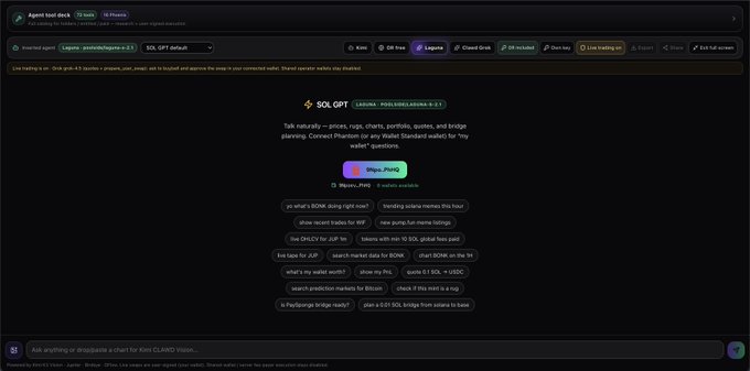 A screenshot of the Kimi AI chat interface showing a conversation about SOL GPT, a plugin marketplace for Solana, with options like pricing, memes, and market data.