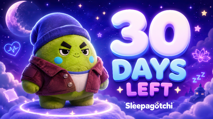 The image features a green-skinned doll standing confidently with arms crossed. The doll's outfit consists of a blue beanie hat, a brown jacket, and a pair of pants that match the color of its shirt. It appears as if the doll is ready for an important event or occasion. There are two stars positioned in the top right corner of the image. A line of text reads "30 Days Campaign Countdown: Sleepagotchi The @sleepagotchi campaign on NucleusCodes is entering the final 30 days." This description suggests that this event might be related to a countdown for the launch or release date of a new product, game, or app called "Sleepagotchi" by its creator.