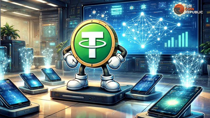 A digital artwork featuring a cartoonish green Tether (USDT) coin mascot standing among smartphones and data holograms, with 'THE COIN REPUBLIC' watermark visible.
