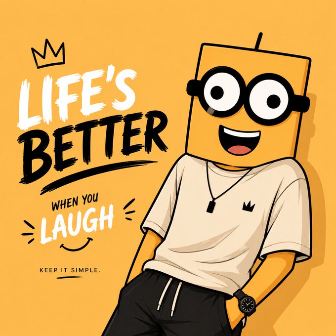 The image features a cartoon character wearing glasses and a crown, standing against an orange background with the text "Life's better when you laugh" written above him. The caption below the image reads "Good morning frens keep the positive energy. frowning doesn't bring the win sooner. stay positive and we'll win. and absolutely, you should try this prompt from @MirajaneXBT (check comments)".