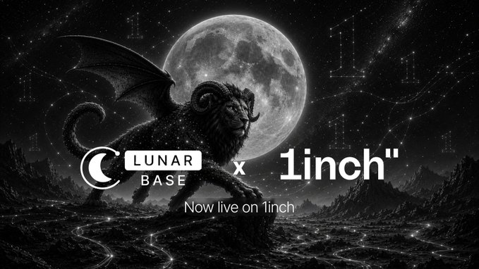 A black-and-white promotional graphic features a winged ram-like creature against a full moon and starry sky, announcing "LUNAR BASE x 1inch — Now live on 1inch," which celebrates the on-chain trading integration between LunarBase and 1inch.