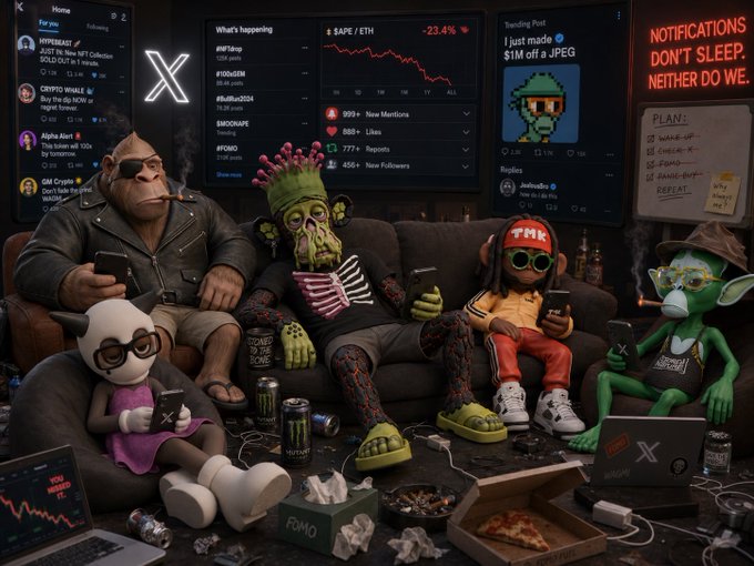 A vibrant, detailed digital illustration depicting a chaotic room filled with various characters, including a monkey in a leather jacket, a skeleton, and a goblin, lounging on a couch looking at their phones and laptops, with monitors displaying Twitter (X), NFT collections, crypto charts, and a 'FOMO' tissue box.