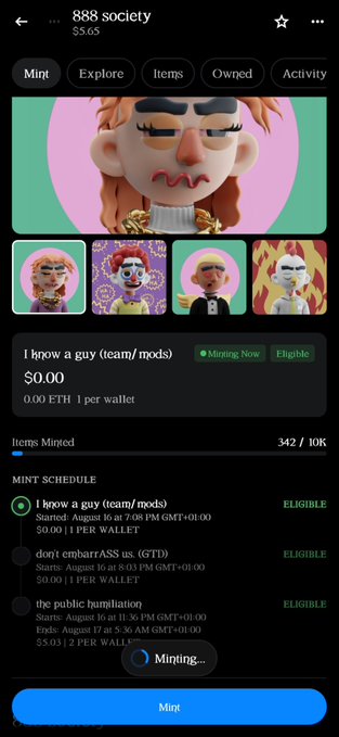 An NFT minting page for '888 society' showing a 'I know a guy (team/mods)' collection with 342/10K items minted at 0.00 ETH per wallet.
