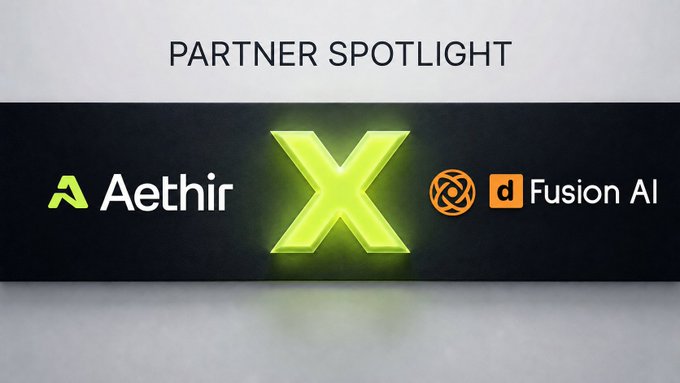 The image features a banner with a large, illuminated "X" in yellow letters that reads "Aethir X". The background of the image is white, which contrasts with the bright yellow "X". Below this, there are three lines of text written in black, including the phrase "Partner Spotlight", followed by the names of three different companies: Aethir, Fusion Al, and dFusion.