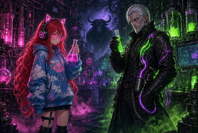 Anime-style artwork showing a red-haired girl with cat ear headphones holding a pink flask on the left, and a silver-haired man in dark clothing with glowing green accents holding a green vial on the right.