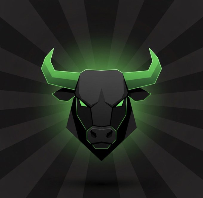 A stylized black bull's head with glowing neon green horns and eyes radiates against a dark, sunburst-patterned background. The aggressive bull imagery symbolizes the bullish momentum in the crypto trenches referenced in the post, visually reinforcing the excitement over the recent massive gains on $ANSEM and $CashCat.