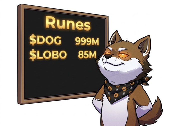 A cartoon fox character standing next to a chalkboard listing 'Runes' with '$DOG 999M' and '$LOBO 85M'.