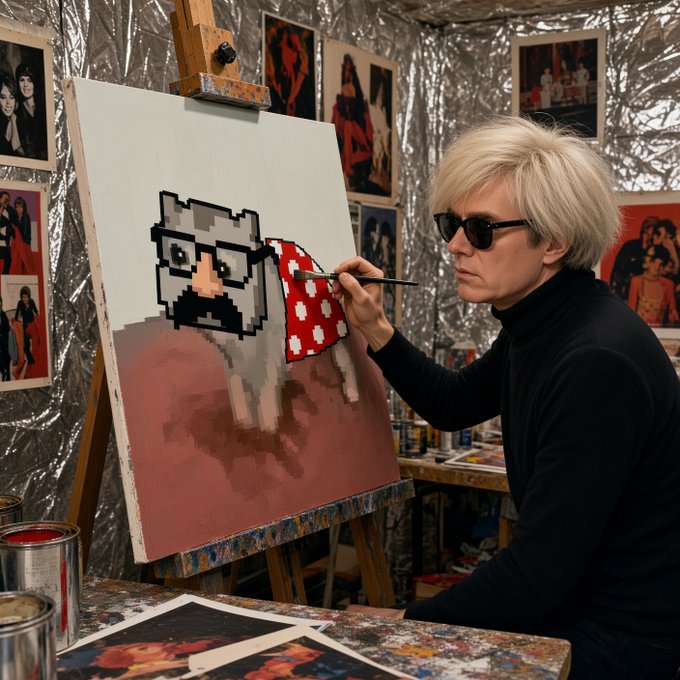 An artist resembling Andy Warhol, wearing sunglasses and a black turtleneck, paints a pixelated portrait of a sheep on a canvas.