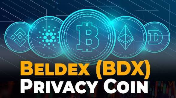 Promotional graphic for Beldex (BDX) privacy coin, featuring cryptocurrency logos including Bitcoin in a futuristic blue design.