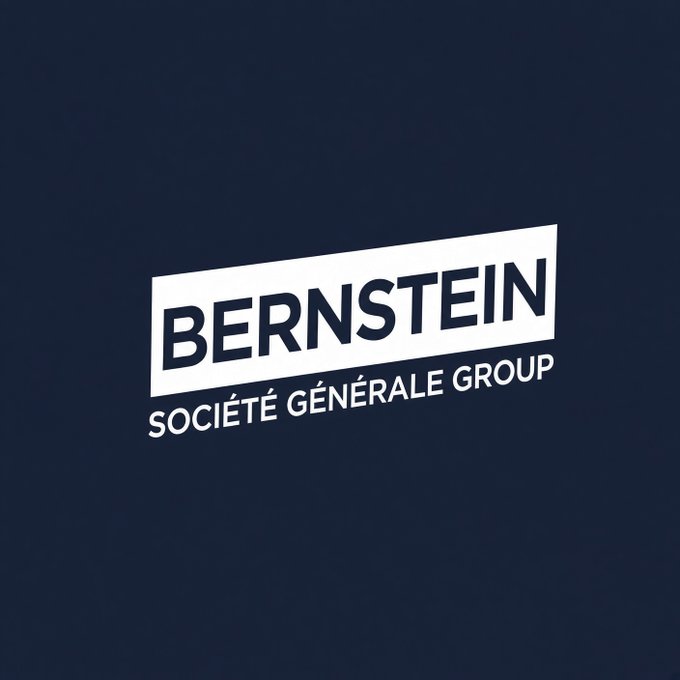 The image displays the Bernstein logo, featuring the word "BERNSTEIN" in bold dark blue text on a white rectangular banner, with "SOCIÉTÉ GÉNÉRALE GROUP" written below it in white, all set against a dark navy blue background. This relates to the accompanying post, which references Bernstein's analyst note projecting 31% upside for Robinhood ($HOOD) and highlighting its leading position in blockchain fees.