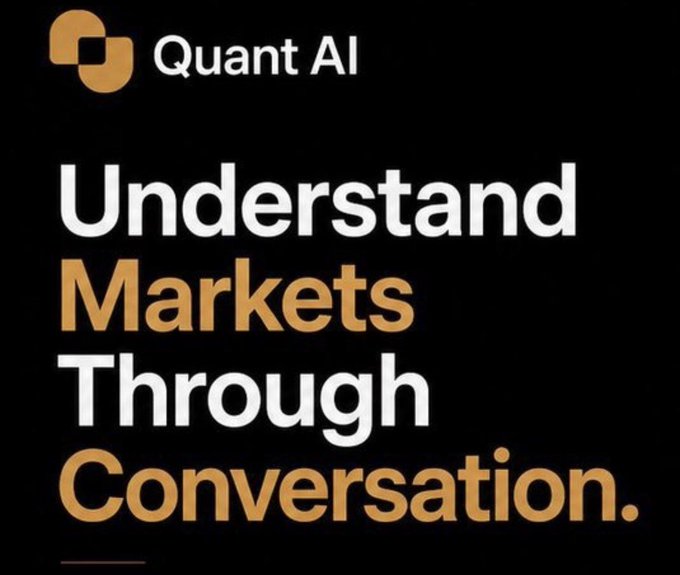 This image shows a branded graphic for Quant AI featuring their logo (a stylized gold "Q") and the bold tagline "Understand Markets Through Conversation." The accompanying post highlights how this approach transforms financial research by replacing the traditional workflow of juggling multiple platforms, charts, news sources, and sentiment analysis with a single conversational interface, positioning Quant AI as a smarter way to think about finance rather than just smarter technology.