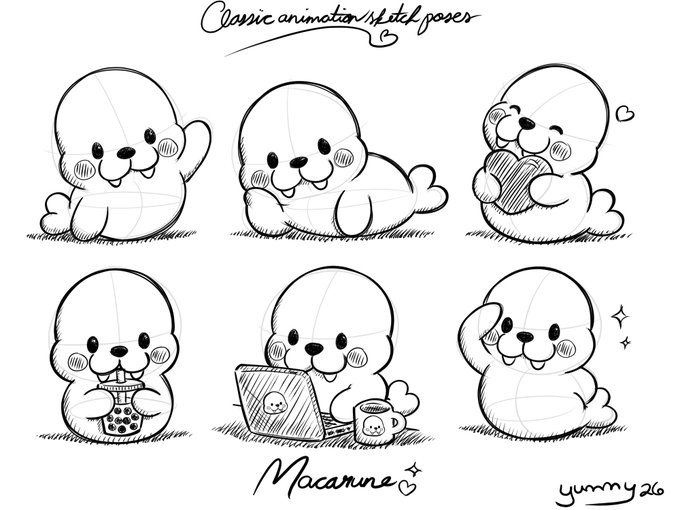 A sketch sheet titled 'Classic animation/sketch poses' shows six different poses of a cute seal character named 'Macarune', with the signature 'yummy 26'.