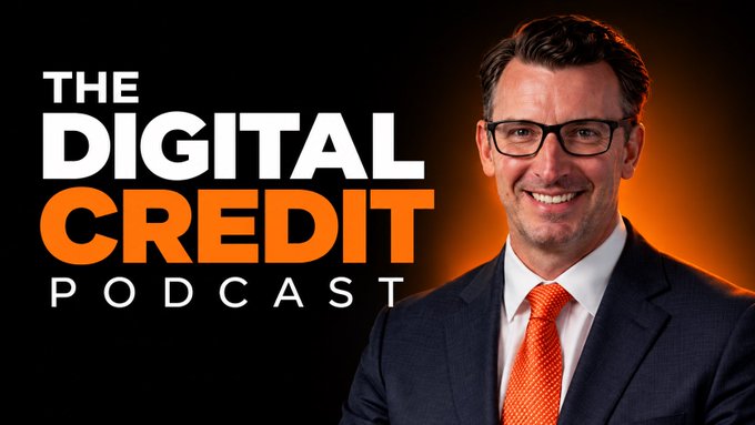 Promotional graphic for 'The Digital Credit Podcast' featuring a smiling man with glasses, a blue suit, and an orange tie against a dark background with an orange glow.