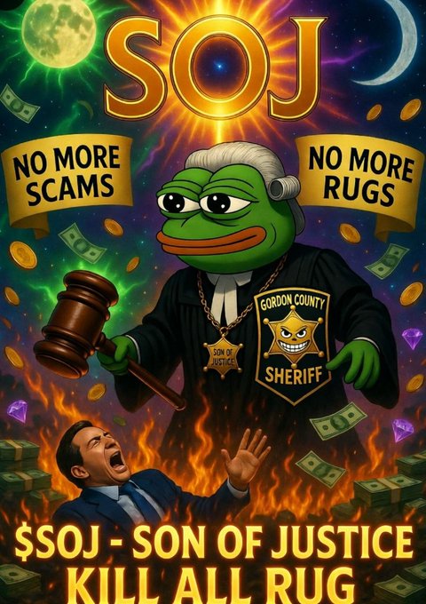 A Pepe the Frog meme poster titled 'SOJ - SON OF JUSTICE' with banners reading 'NO MORE SCAMS' and 'NO MORE RUGS'. The frog wears a judge's wig and a 'GORDON COUNTY SHERIFF' badge, holding a gavel, with a crying man surrounded by flames below and text reading 'KILL ALL RUG'.
