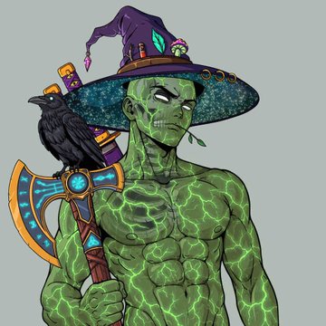 An illustration of a green zombie/mummy-like character wearing a witch hat, holding a blue and gold axe, with a black crow perched on his shoulder.