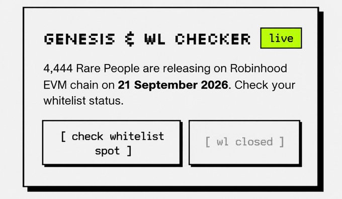 A "Genesis & WL Checker" interface displaying a live announcement for "4,444 Rare People" releasing on the Robinhood EVM chain on September 21, 2026, featuring active "check whitelist spot" and greyed-out "wl closed" buttons that corresponds with the post's message about the mint being live and whitelist currently closed.