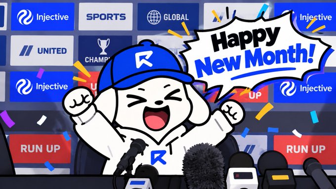 A cartoon illustration features a cheerful white character wearing a blue cap with an 'R' logo, cheering behind microphones with a speech bubble reading 'Happy New Month!' against a backdrop of sponsor logos including 'Injective' and 'SPORTS'.