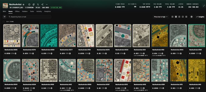The image shows the sold-out NFT collection "NotAnArtist" by @ifxscript, featuring a grid of 18 artwork thumbnails priced at 0.035 ETH each, with the post celebrating the collection reaching its goal of 514 total supply.